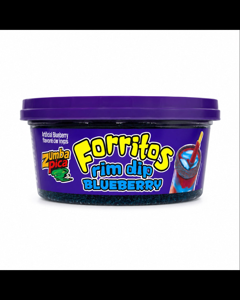 A tub of Zumba Pica Forritos rim dip in Blueberry flavor, featuring a purple lid and a purple label with yellow and blue lettering.