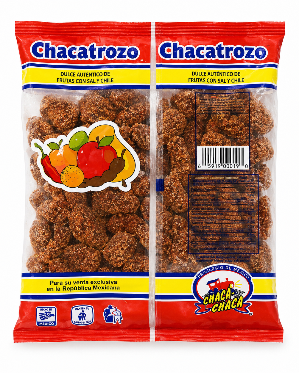 Two packages of Chacatrozo dulce auténtico de fruta con sal y cebí, shown side by side on a white background. The packages are red with blue and yellow bands, featuring a colorful fruit illustration and the Chacatrozo brand logo.