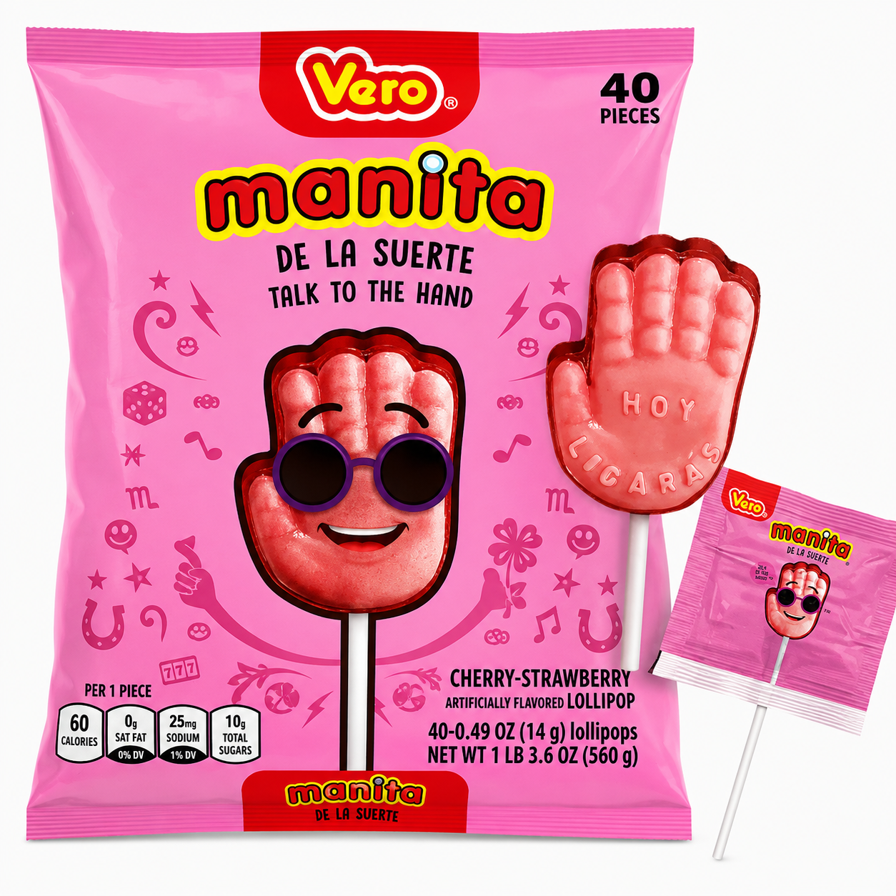 bag of a pink hand shaped lollipop 