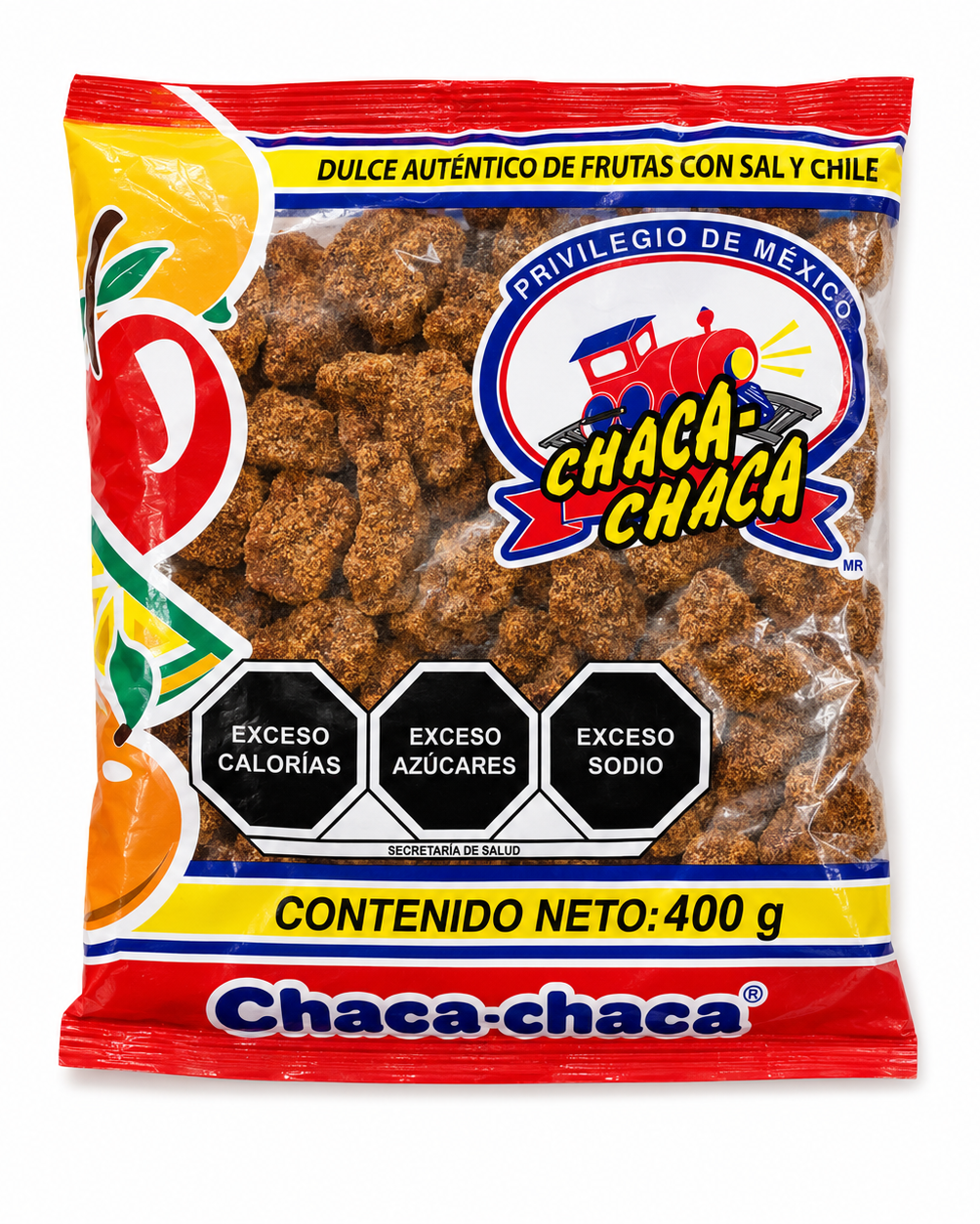 A 400g bag of Chaca-Chaca seasoned fruit pieces with salt and chili, featuring a red, yellow, and white packaging design with a clear window showing the browned fruit pieces inside.