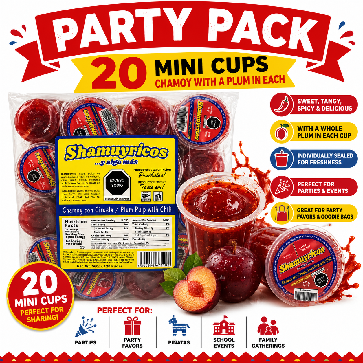 Shamuyricos Chamoy with Plum | 20 Mini Cups Party Pack