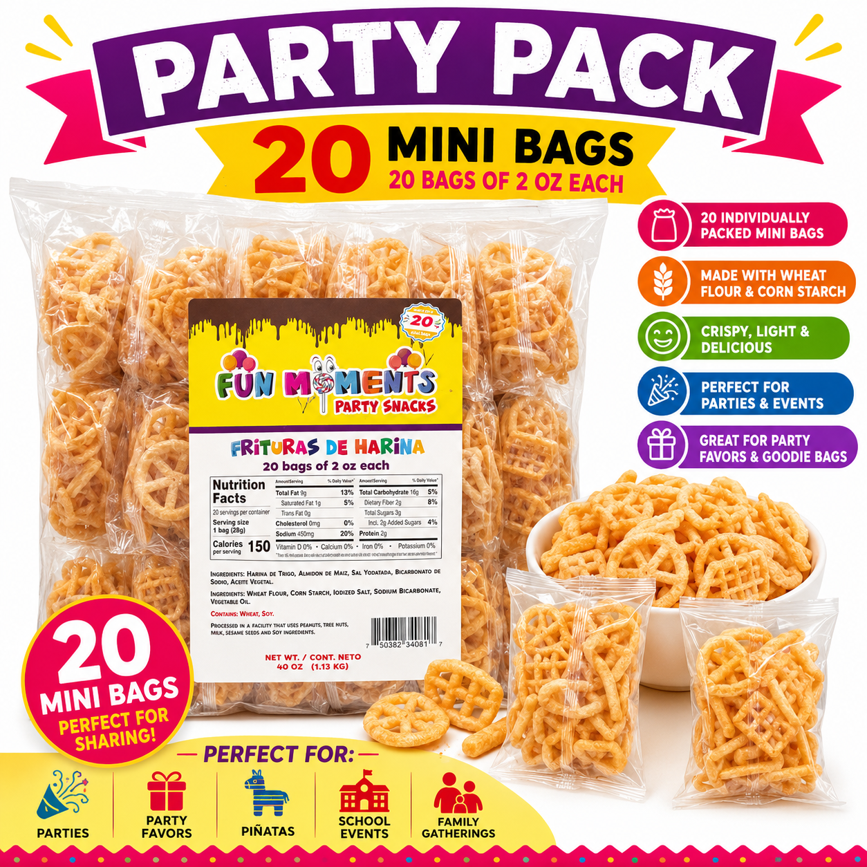 Fun Moments Party Snacks – Frituras de Harina Party Pack | 20 Individual Mini Bags