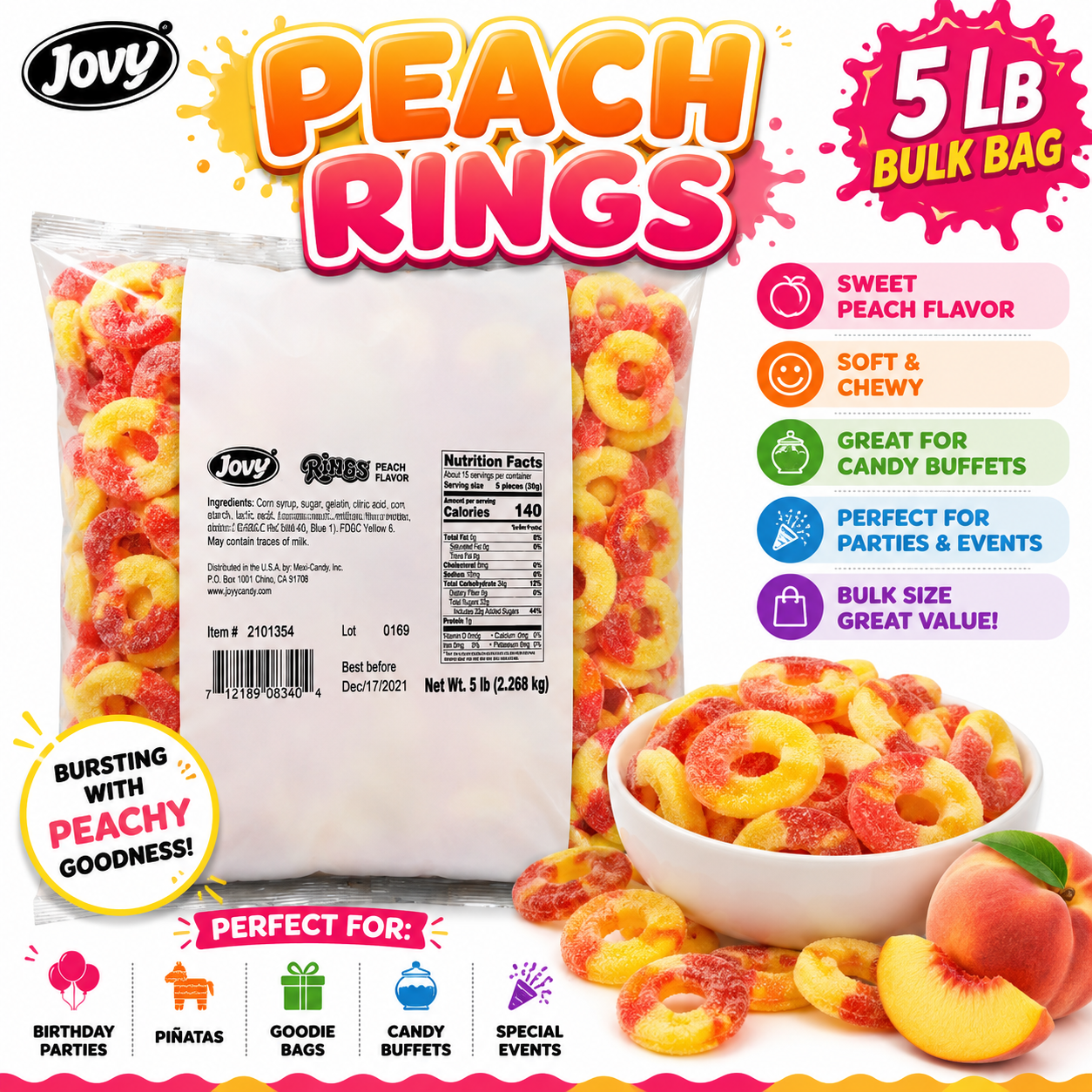 Jovy Peach Rings – 5 lb Bulk Bag | Soft & Chewy Gummy Candy