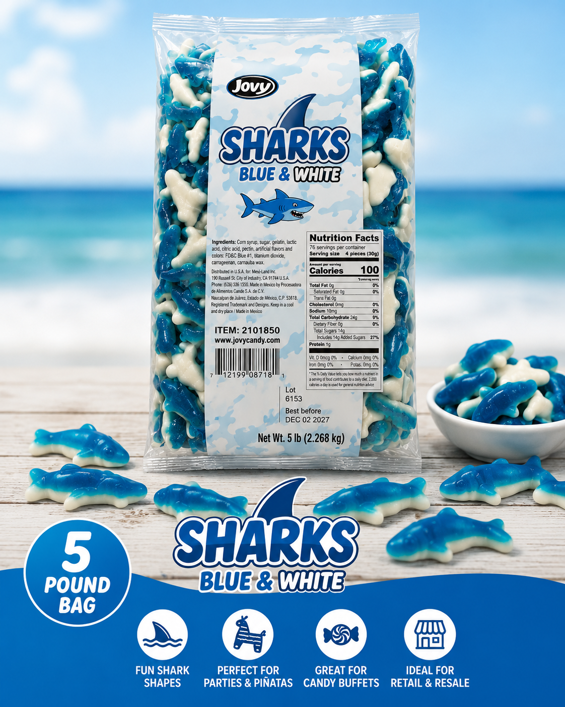Jovy Blue & White Sharks Gummies – 5 lb