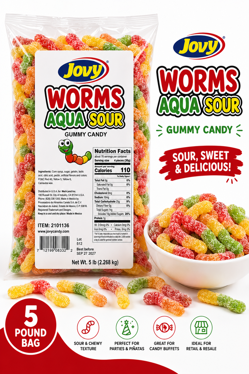 Jovy Aqua Sour Worms Gummies – 5 lb