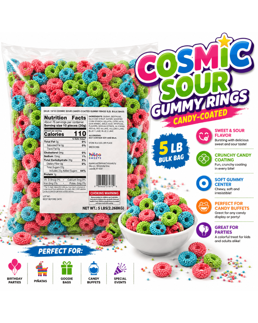 Cosmic Sour Candy-Coated Gummy Rings | 5 lb Bulk Candy Bag