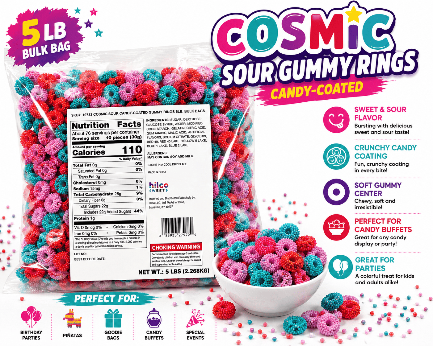 Cosmic Sour Candy-Coated Gummy Rings | 5 lb Bulk Candy Bag