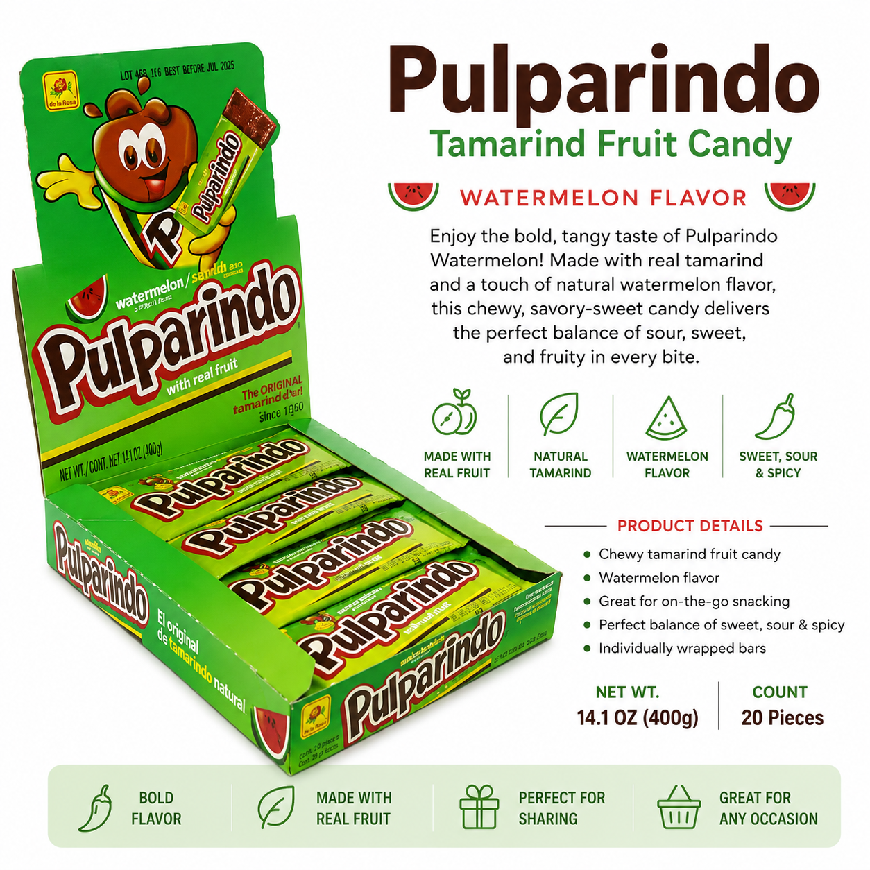 Pulparindo Original Tamarind Candy Bars – 20 Count Display Box