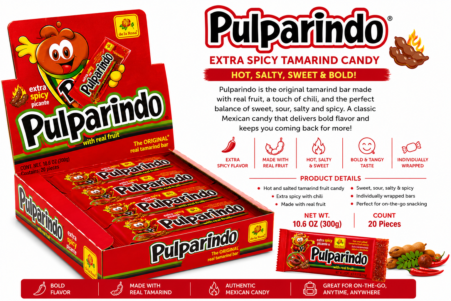 Pulparindo Original Tamarind Candy Bars – 20 Count Display Box