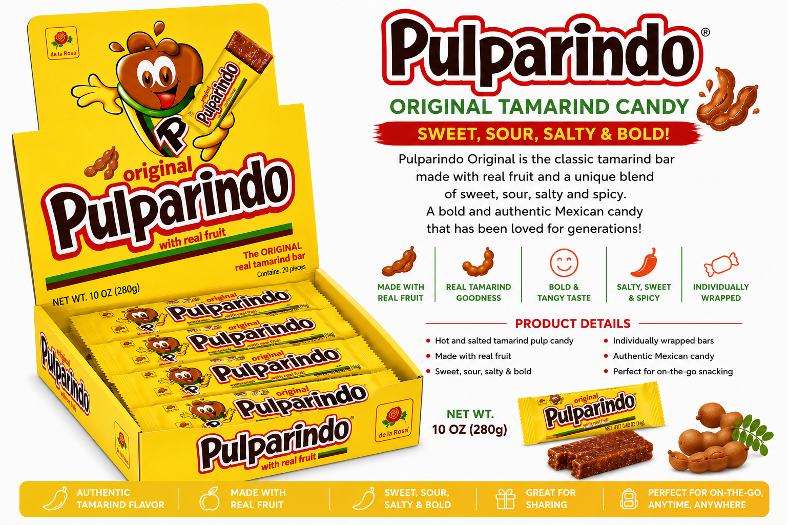 Pulparindo Original Tamarind Candy Bars – 20 Count Display Box