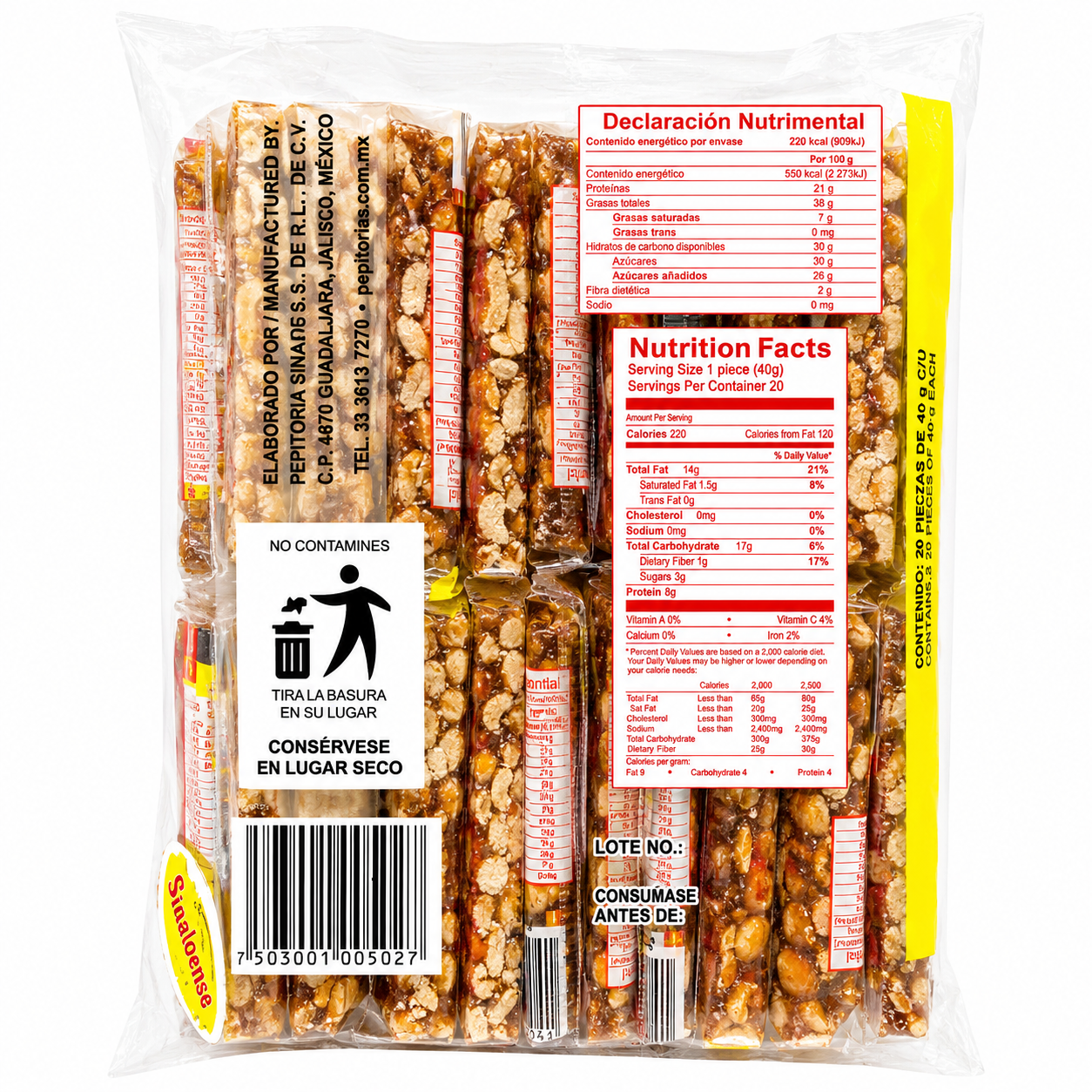 Pepitoria de Cacahuate Peanut Candy Bar | 20 piece bag
