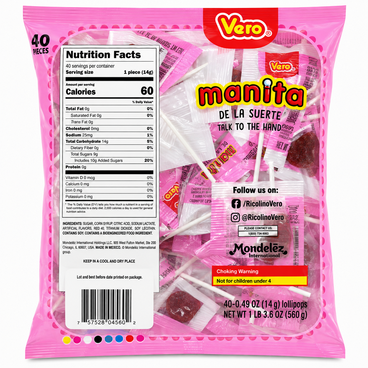 Manita de la Suerte Vero Cherry Strawberry Lollipop | 40 pieces