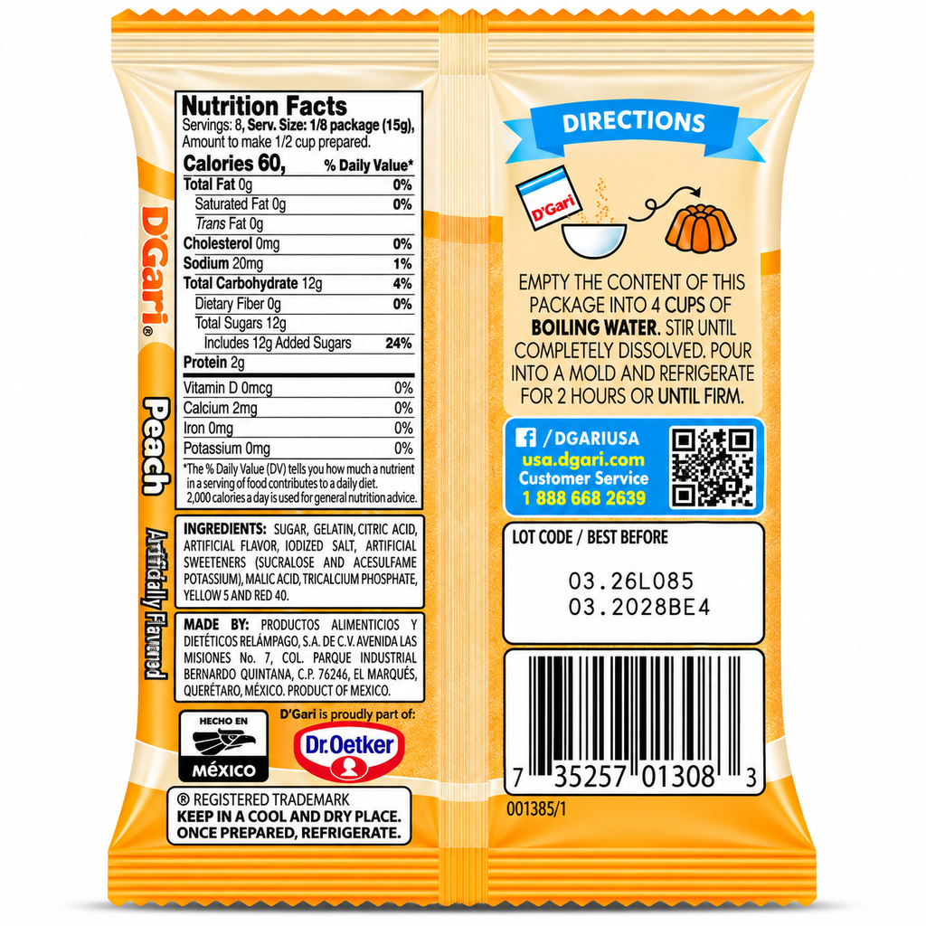 D'Gari Peach Flavored Gelatin Dessert Powder | 120g Packet