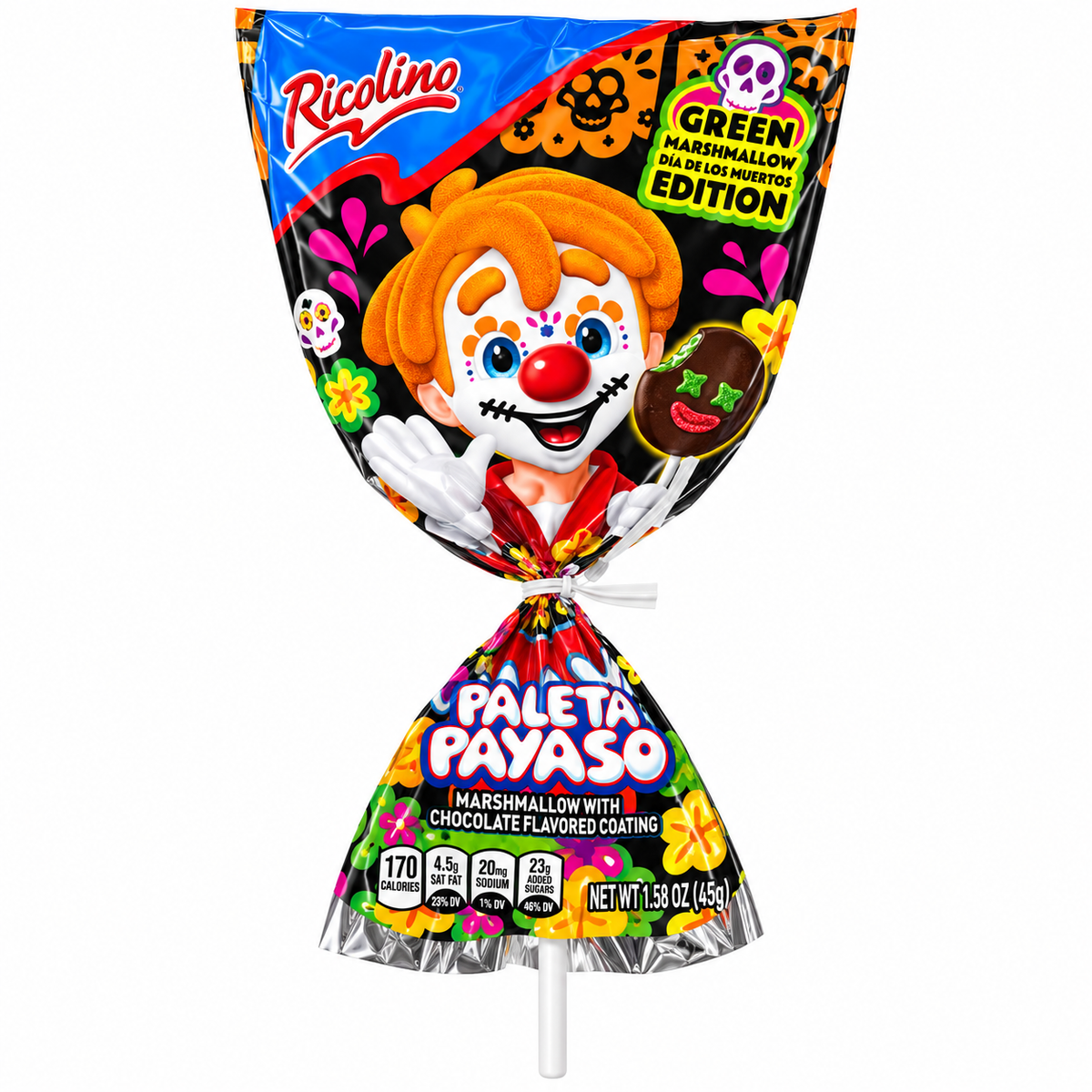 Paleta Payaso Dia de Los Muertos Edition | 10 piece box Full Size Paleta Payaso Day of the Dead Green Marshmallow Edition