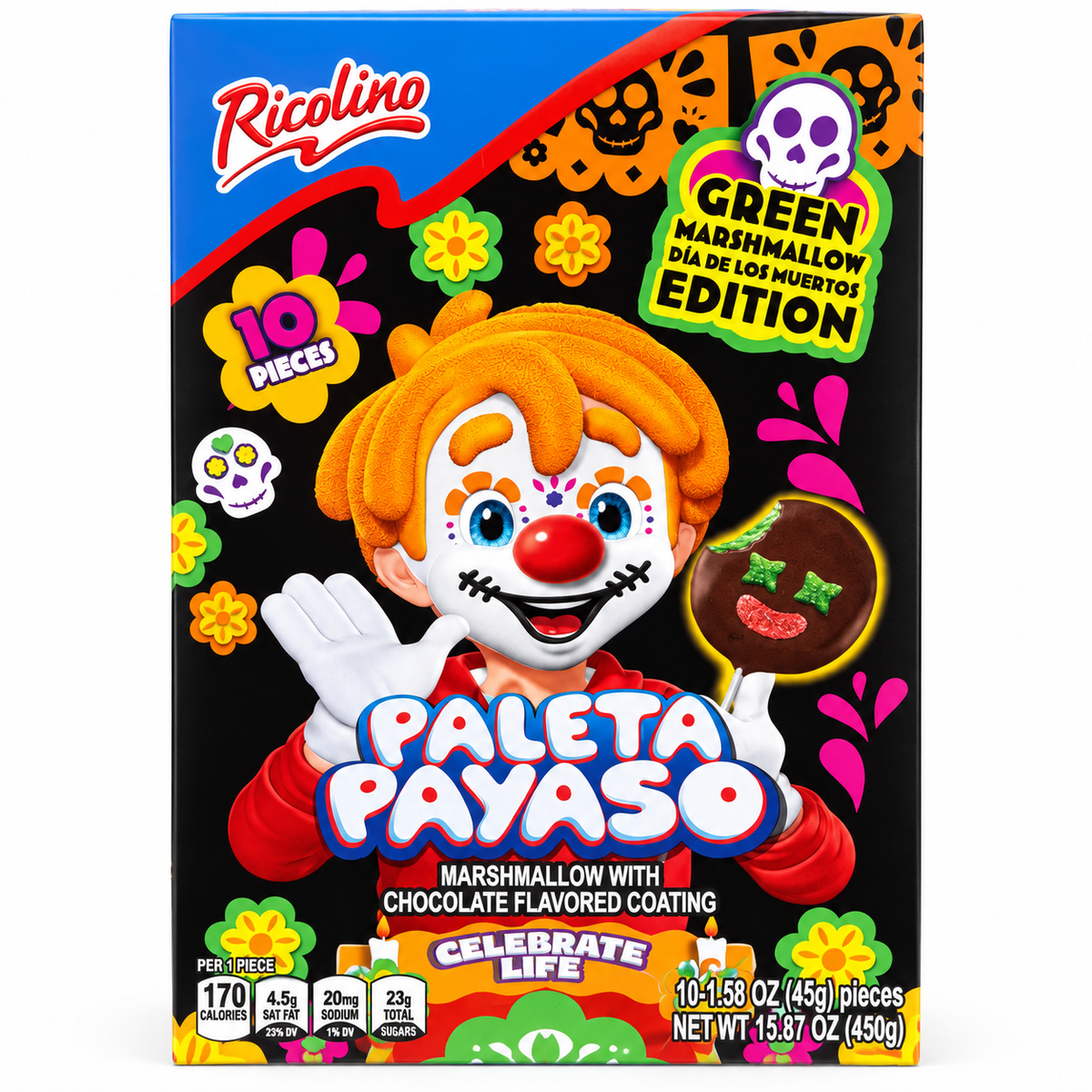 Paleta Payaso Dia de Los Muertos Edition | 10 piece box Full Size Paleta Payaso Day of the Dead Green Marshmallow Edition
