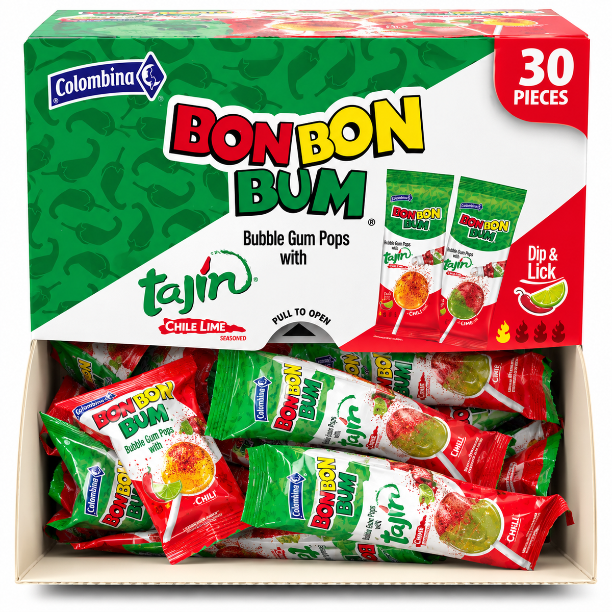 Bon Bon Bum Lollipops with Tajin Powder Individually Wrapped Lollipops | 30 piece box