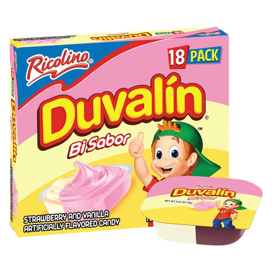 Box of Ricolino Duvalin Bi Sabor candy with a cartoon character on a white background