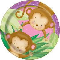 Girl Monkey Baby Shower Round Plates 7" 8ct